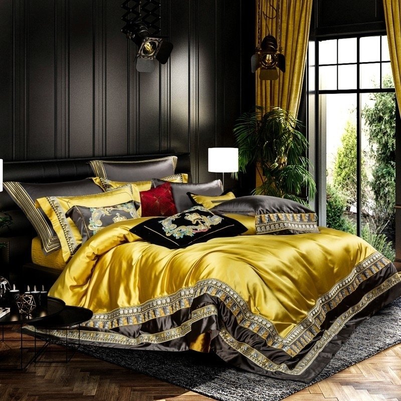 Eliza Gold Embroidered Jacquard Satin Duvet Cover Set - RoseStraya.com