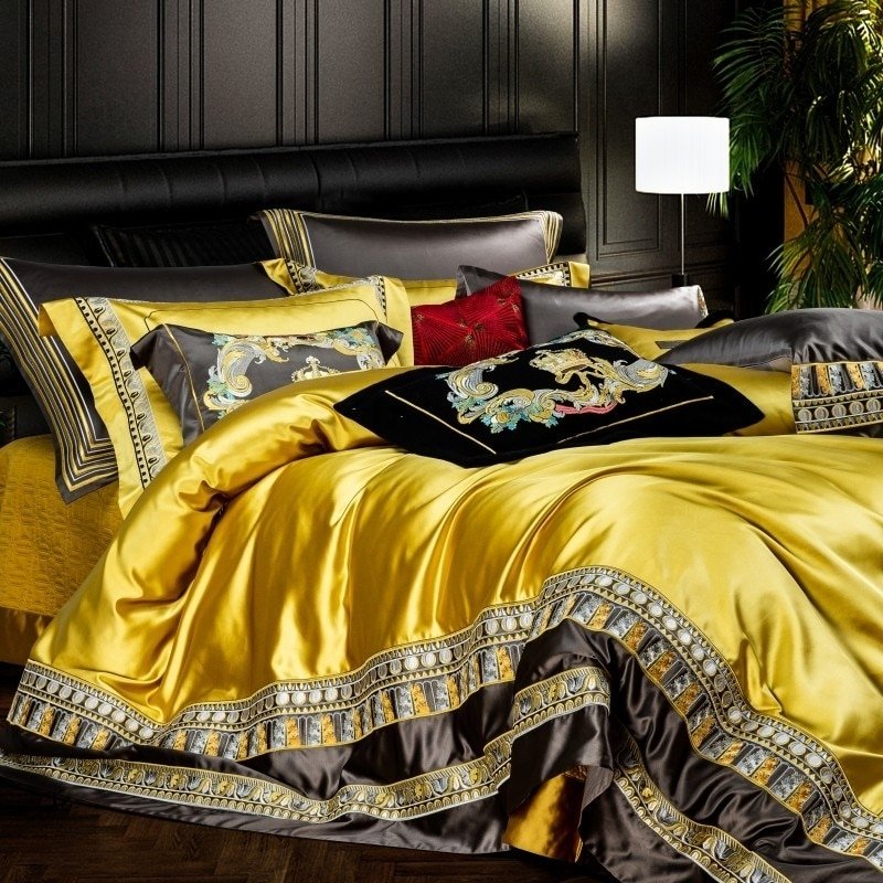 Eliza Gold Embroidered Jacquard Satin Duvet Cover Set - RoseStraya.com