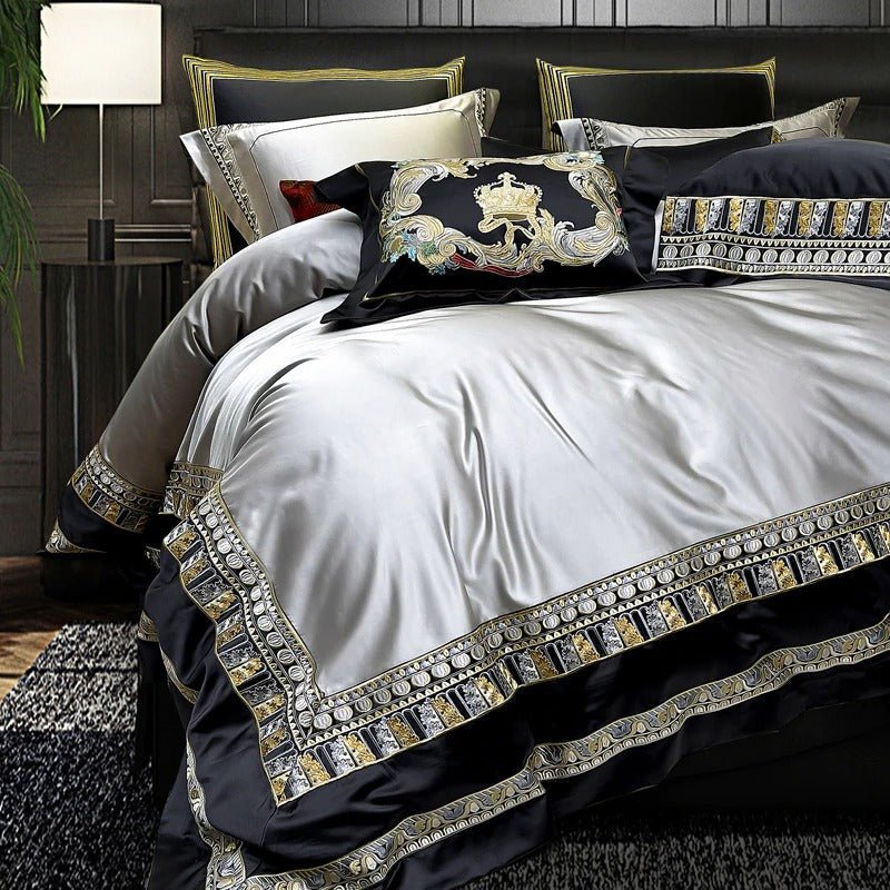 Eliza Silver Embroidered Jacquard Satin Duvet Cover Set - RoseStraya.com