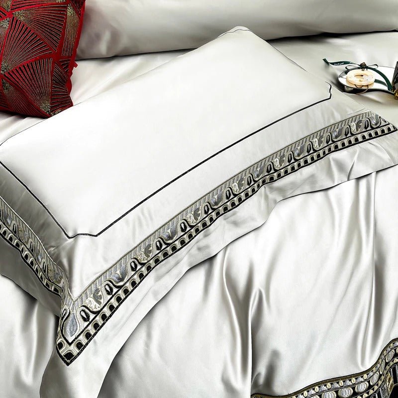 Eliza Silver Embroidered Jacquard Satin Duvet Cover Set - RoseStraya.com