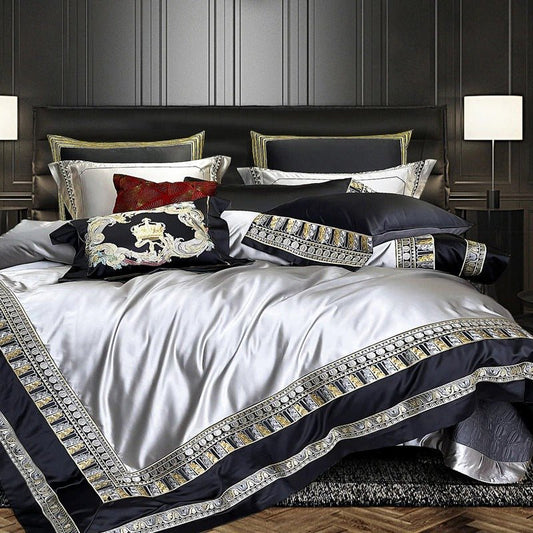 Eliza Silver Embroidered Jacquard Satin Duvet Cover Set - RoseStraya.com
