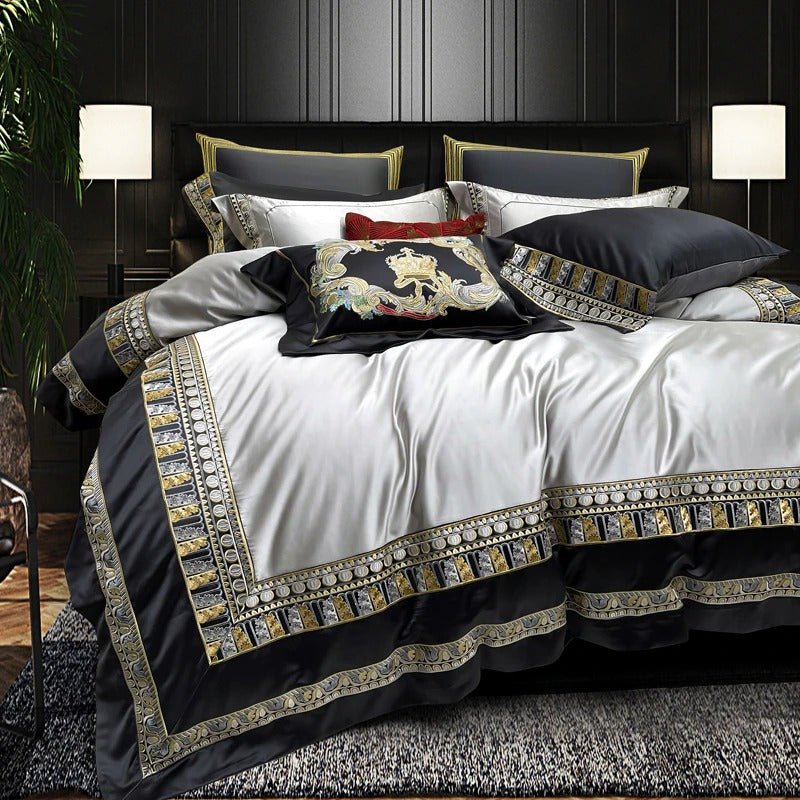 Eliza Silver Embroidered Jacquard Satin Duvet Cover Set - RoseStraya.com
