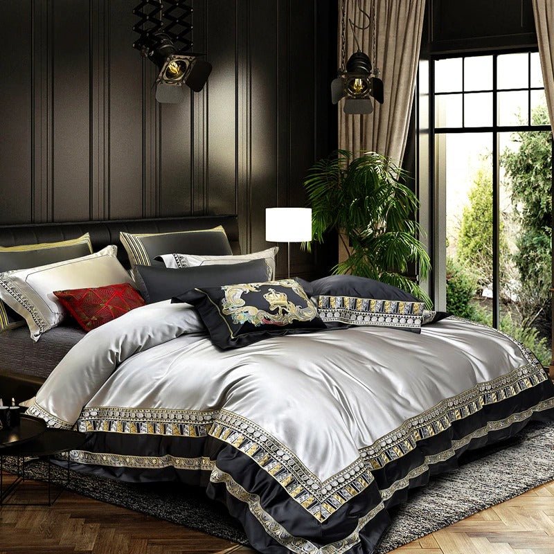 Eliza Silver Embroidered Jacquard Satin Duvet Cover Set - RoseStraya.com