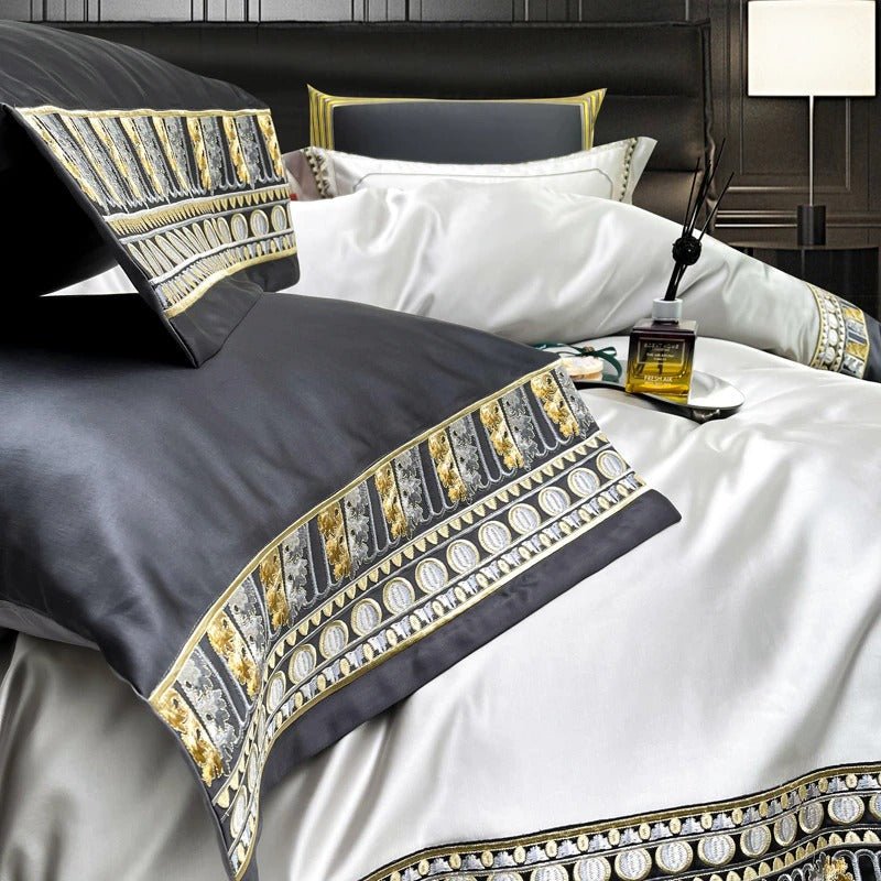 Eliza Silver Embroidered Jacquard Satin Duvet Cover Set - RoseStraya.com
