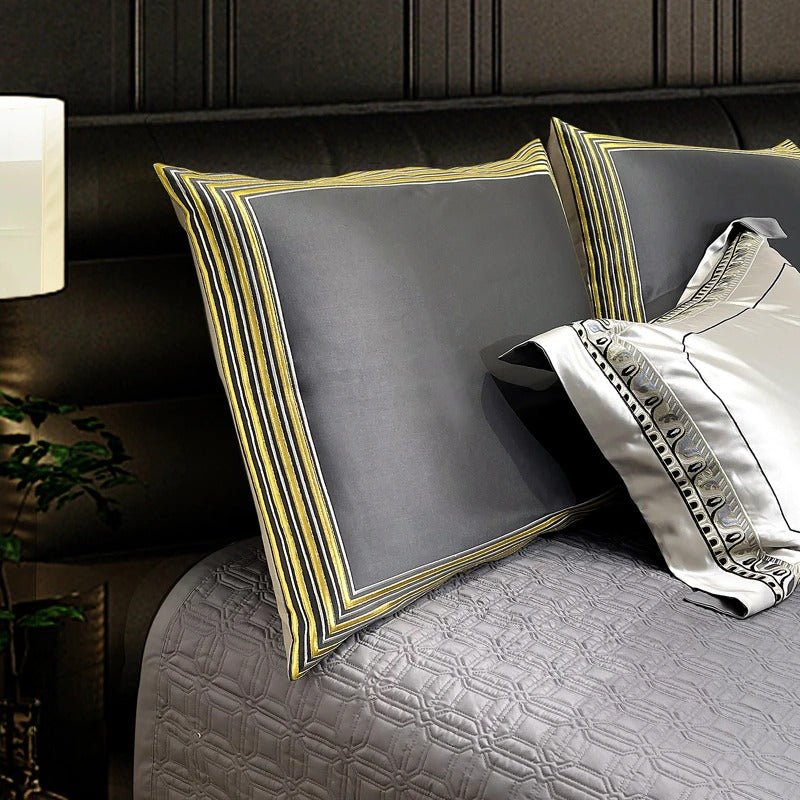 Eliza Silver Embroidered Jacquard Satin Duvet Cover Set - RoseStraya.com