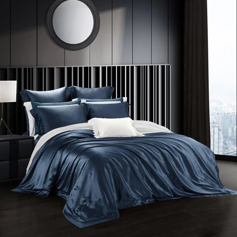Eloisa Navy Blue Luxury Pure Mulberry Silk Bedding Set - RoseStraya.com