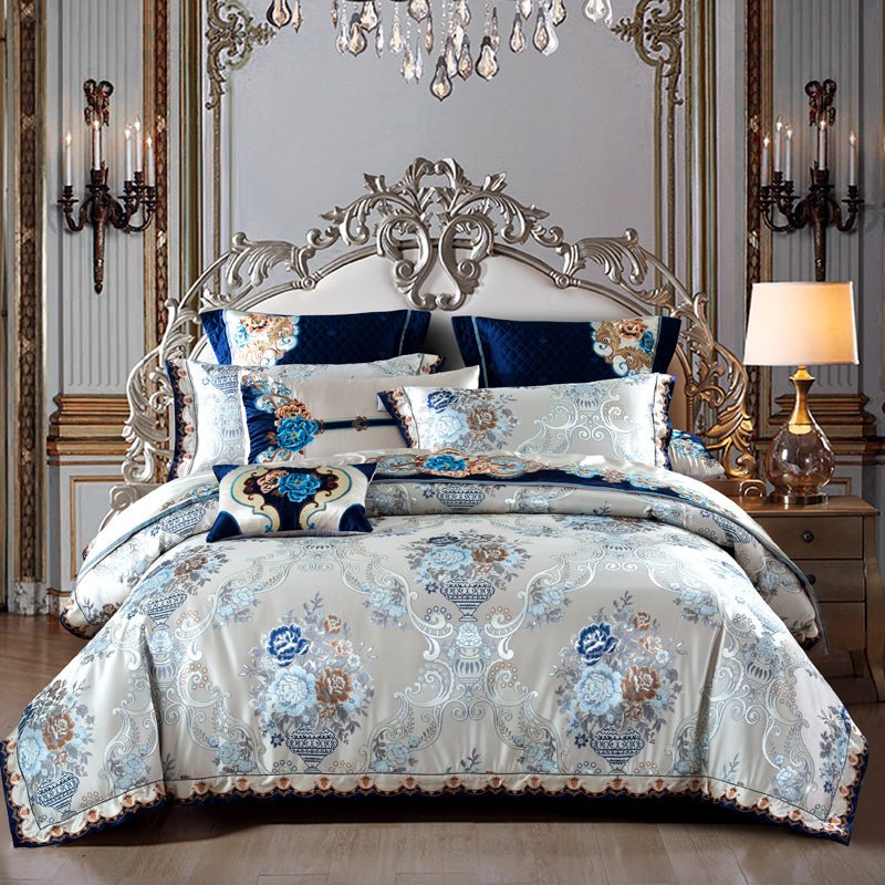 Ginchiyo Silver Golden Silk Satin Jacquard Egyptian Cotton Duvet Cover Set - RoseStraya.com