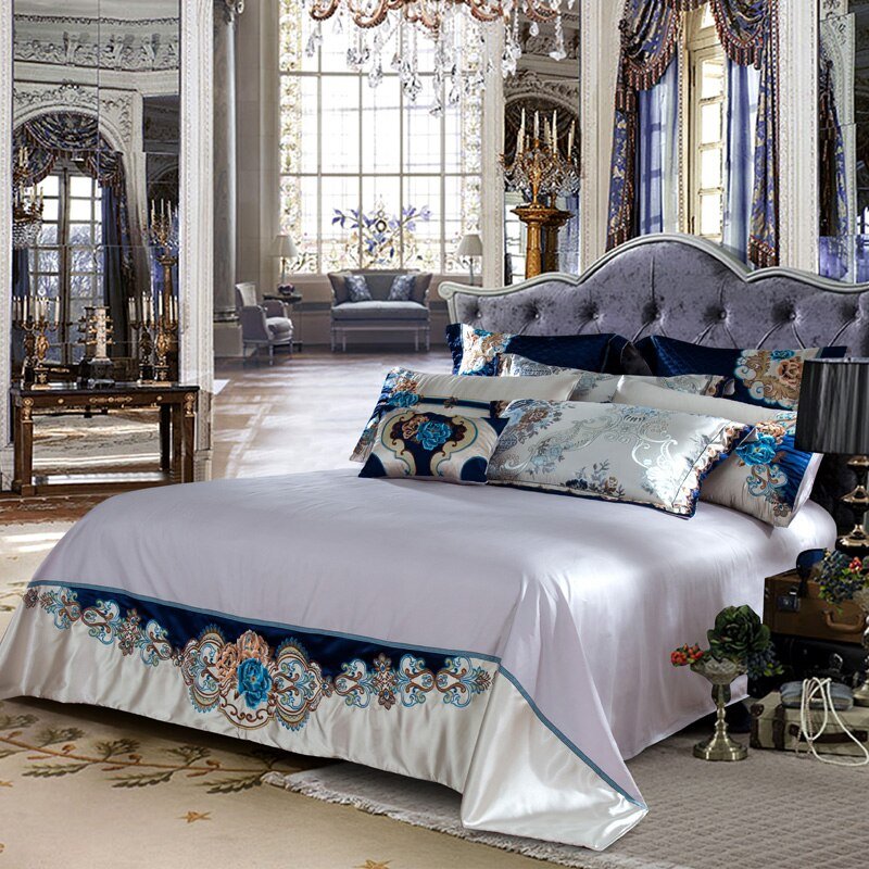Ginchiyo Silver Golden Silk Satin Jacquard Egyptian Cotton Duvet Cover Set - RoseStraya.com
