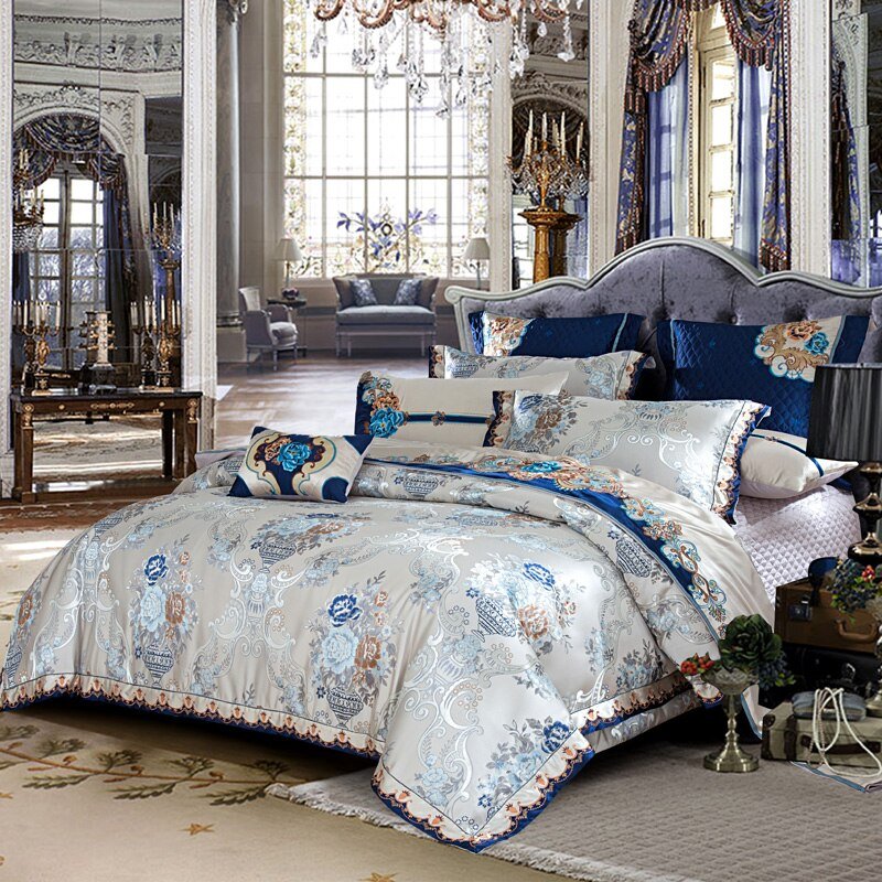 Ginchiyo Silver Golden Silk Satin Jacquard Egyptian Cotton Duvet Cover Set - RoseStraya.com