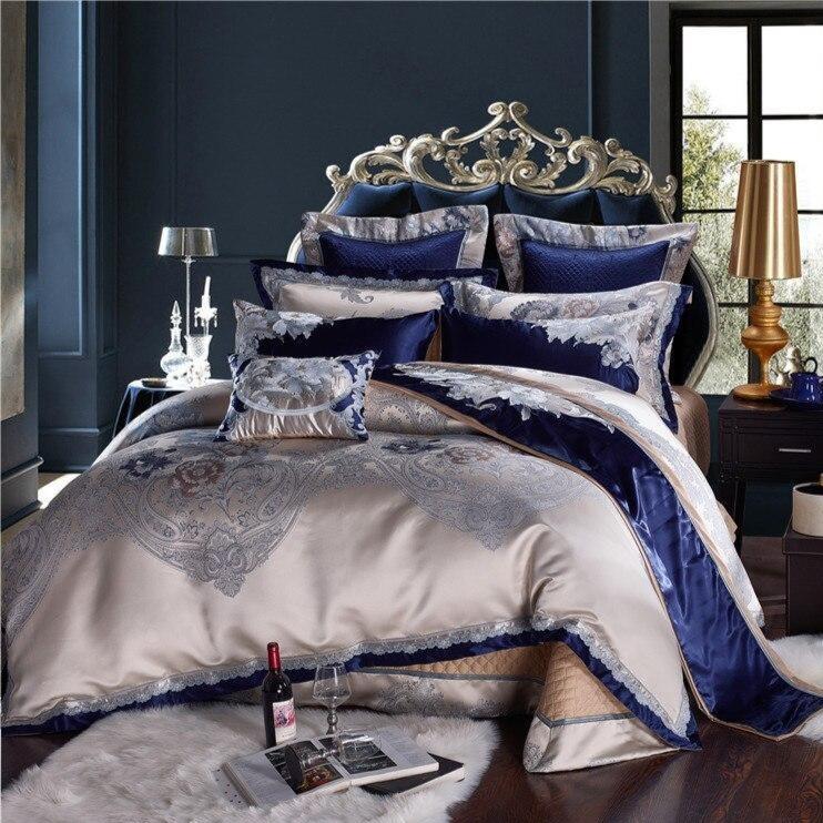 Imperio Blue Silver Silk Cotton Jacquard Luxury Chinese Duvet Cover Set - RoseStraya.com