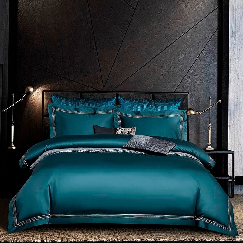 Leilah Aqua Green Embroidered Edge Egyptian Cotton Duvet Cover Set - RoseStraya.com
