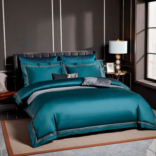 Leilah Aqua Green Embroidered Edge Egyptian Cotton Duvet Cover Set - RoseStraya.com