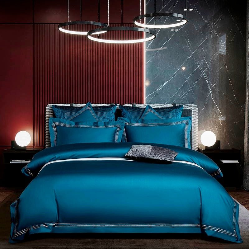Leilah Blue Embroidered Edge Egyptian Cotton Duvet Cover Set - RoseStraya.com