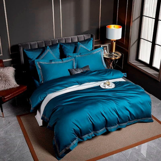 Leilah Blue Embroidered Edge Egyptian Cotton Duvet Cover Set - RoseStraya.com