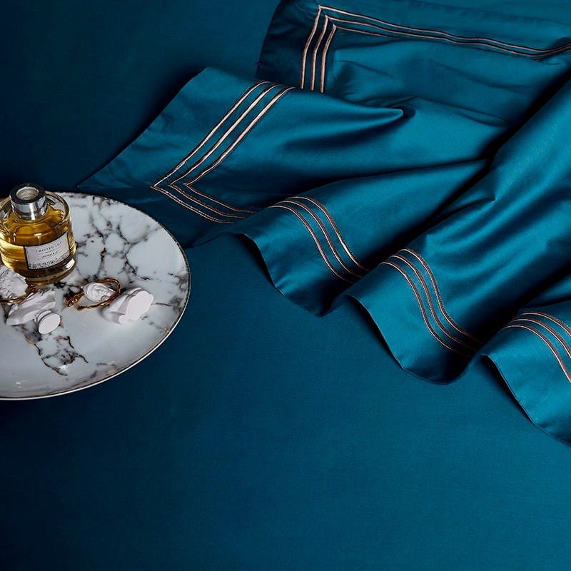 Leilah Blue Embroidered Edge Egyptian Cotton Duvet Cover Set - RoseStraya.com