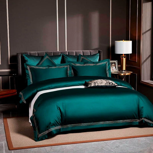 Leilah Green Embroidered Edge Egyptian Cotton Duvet Cover Set - RoseStraya.com