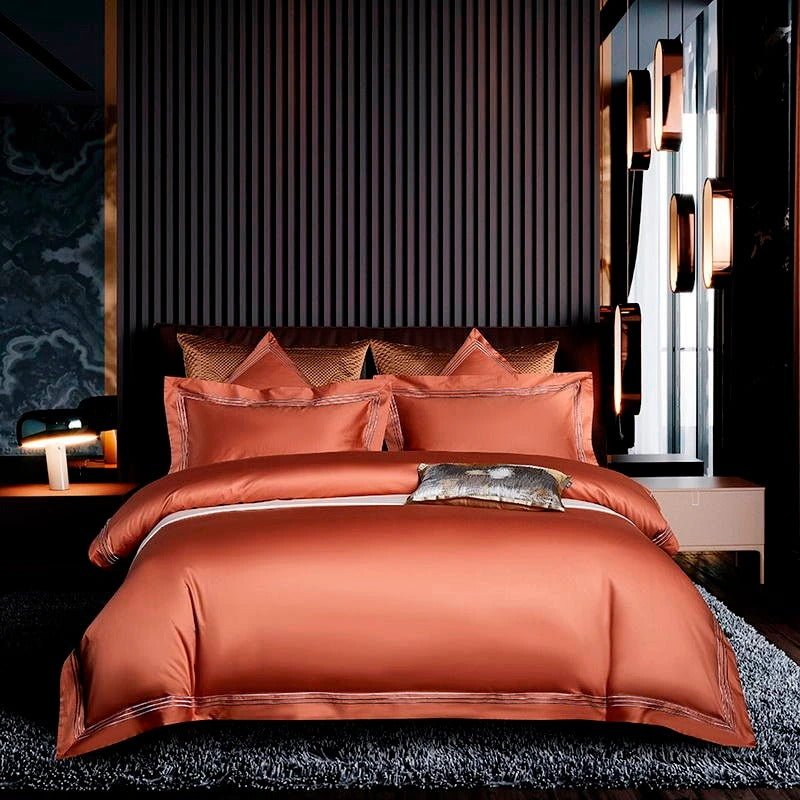 Leilah Orange Embroidered Edge Egyptian Cotton Duvet Cover Set - RoseStraya.com