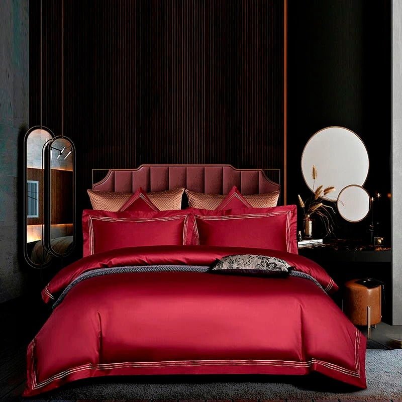 Leilah Red Embroidered Edge Egyptian Cotton Duvet Cover Set - RoseStraya.com