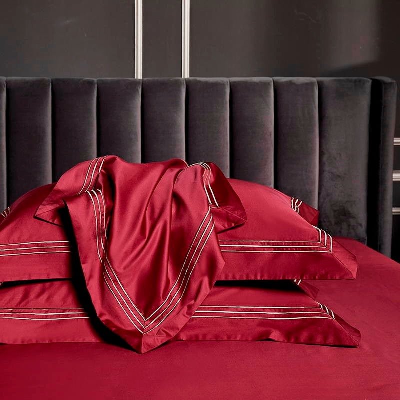 Leilah Red Embroidered Edge Egyptian Cotton Duvet Cover Set - RoseStraya.com