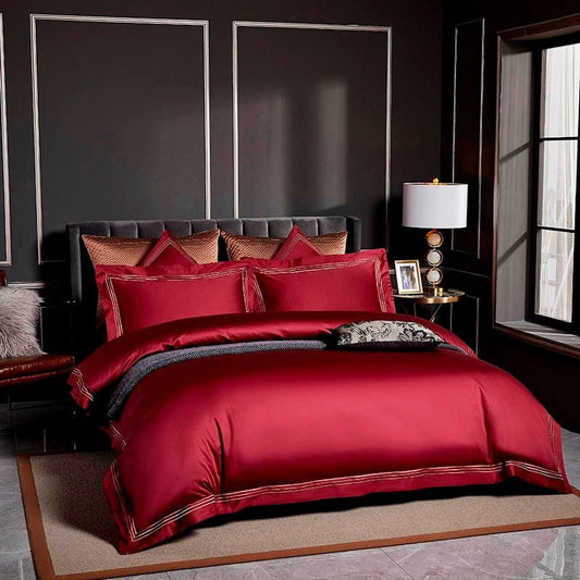 Leilah Red Embroidered Edge Egyptian Cotton Duvet Cover Set - RoseStraya.com