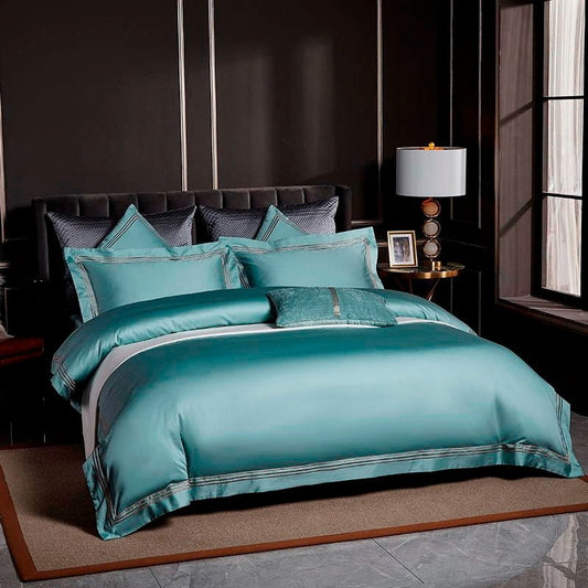 Leilah Turquoise Embroidered Edge Egyptian Cotton Duvet Cover Set - RoseStraya.com