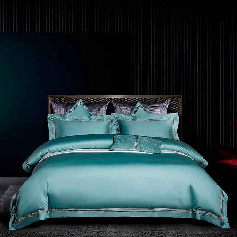Leilah Turquoise Embroidered Edge Egyptian Cotton Duvet Cover Set - RoseStraya.com