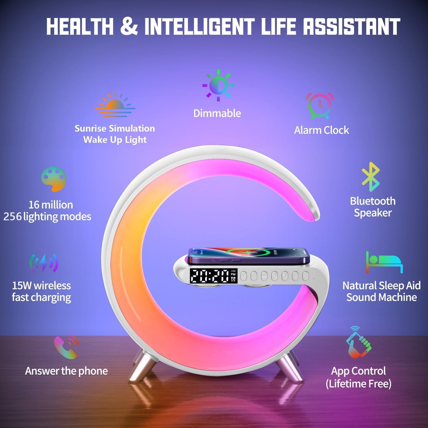 Multifunction Smart Lamp iPhone Wireless Charging Dock Clock Speaker Night Light - RoseStraya.com