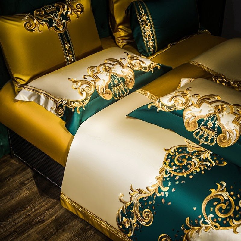 Nasrin Royal Gold Green Embroidery Egyptian Cotton Duvet Cover Set - RoseStraya.com