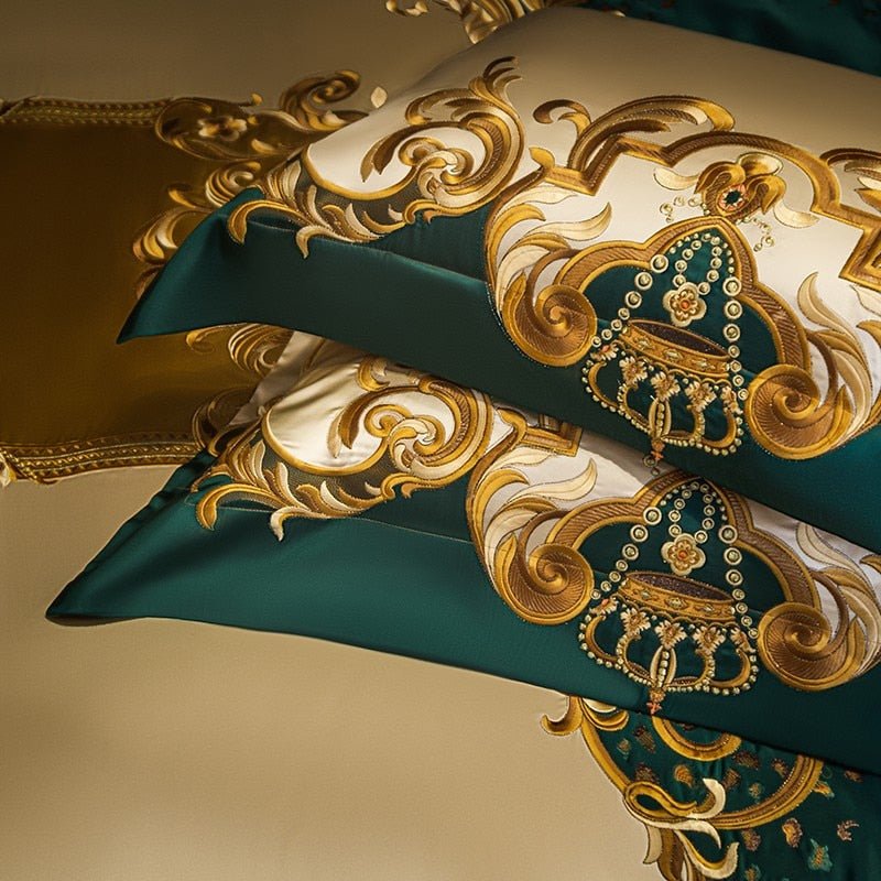 Nasrin Royal Gold Green Embroidery Egyptian Cotton Duvet Cover Set - RoseStraya.com