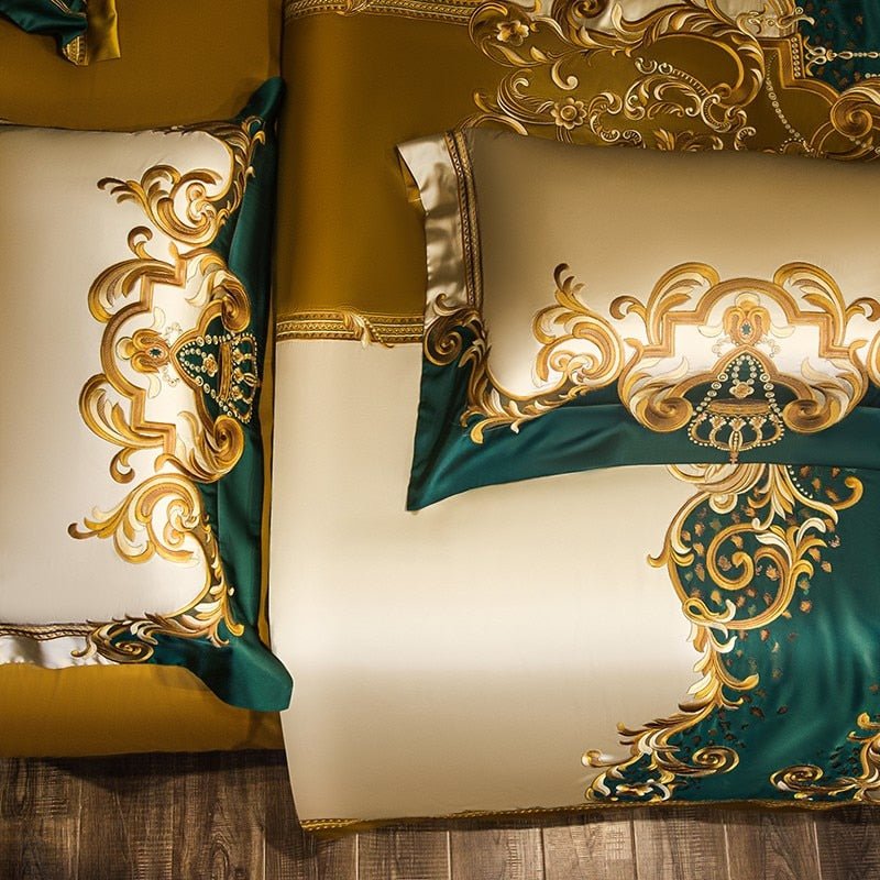 Nasrin Royal Gold Green Embroidery Egyptian Cotton Duvet Cover Set - RoseStraya.com