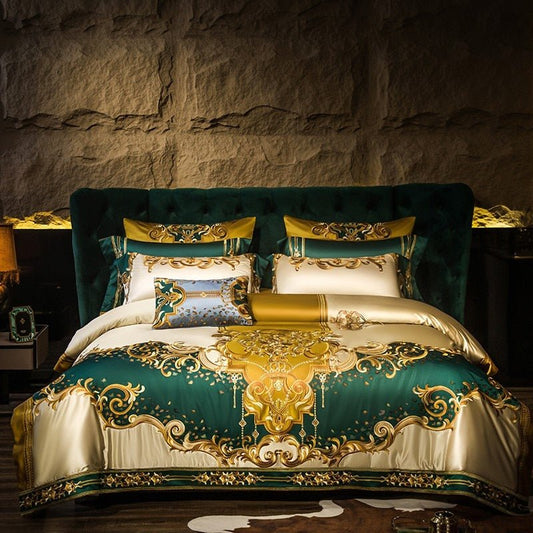 Nasrin Royal Gold Green Embroidery Egyptian Cotton Duvet Cover Set - RoseStraya.com