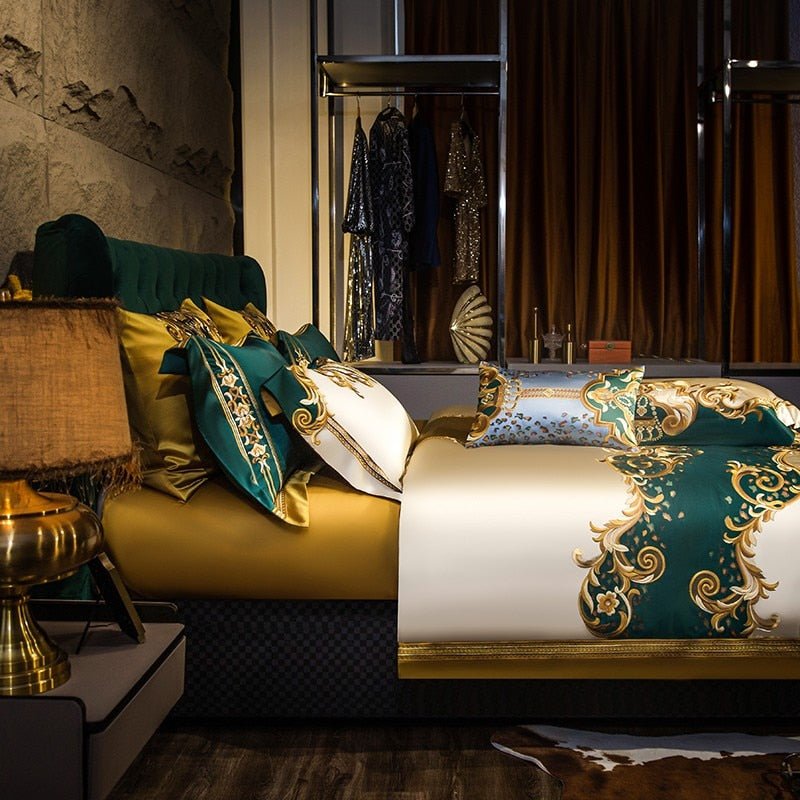 Nasrin Royal Gold Green Embroidery Egyptian Cotton Duvet Cover Set - RoseStraya.com