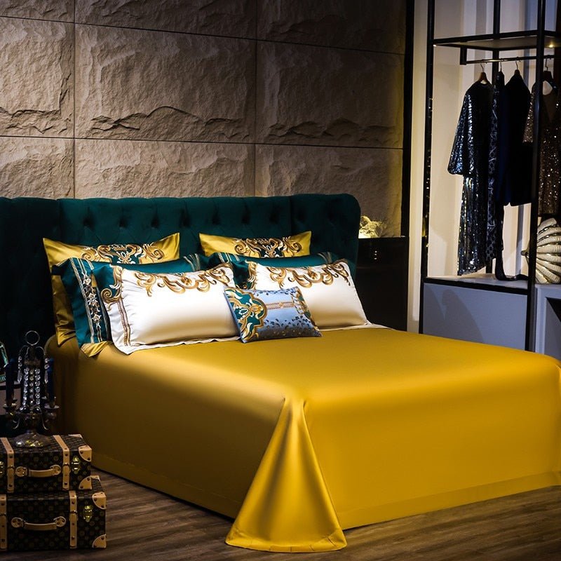 Nasrin Royal Gold Green Embroidery Egyptian Cotton Duvet Cover Set - RoseStraya.com