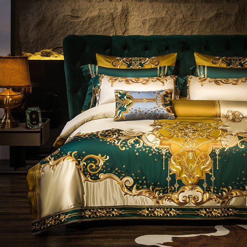 Nasrin Royal Gold Green Embroidery Egyptian Cotton Duvet Cover Set - RoseStraya.com