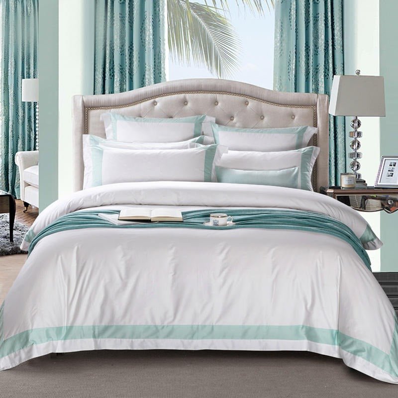 Nevaeh Aqua Green Stripe Egyptian Cotton Luxury White Duvet Cover Set - RoseStraya.com