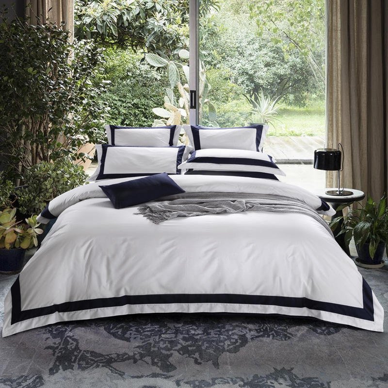Nevaeh Dark Blue Stripe Egyptian Cotton Luxury White Duvet Cover Set - RoseStraya.com