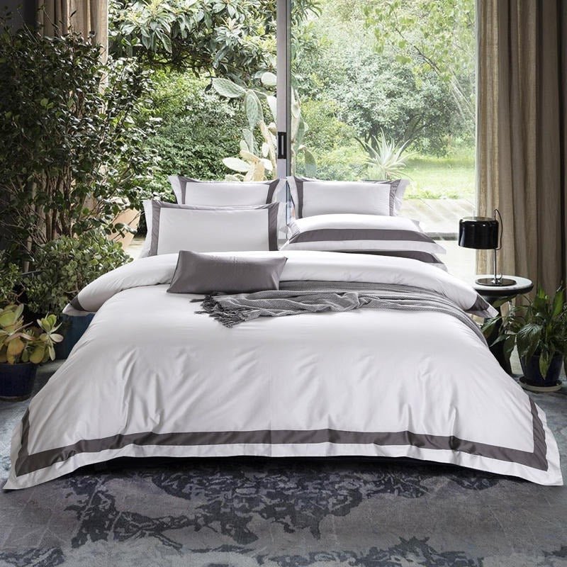 Nevaeh Grey Stripe Egyptian Cotton Luxury White Duvet Cover Set - RoseStraya.com