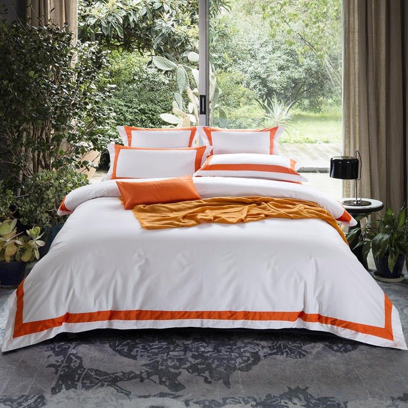Nevaeh Orange Stripe Egyptian Cotton Luxury White Duvet Cover Set - RoseStraya.com