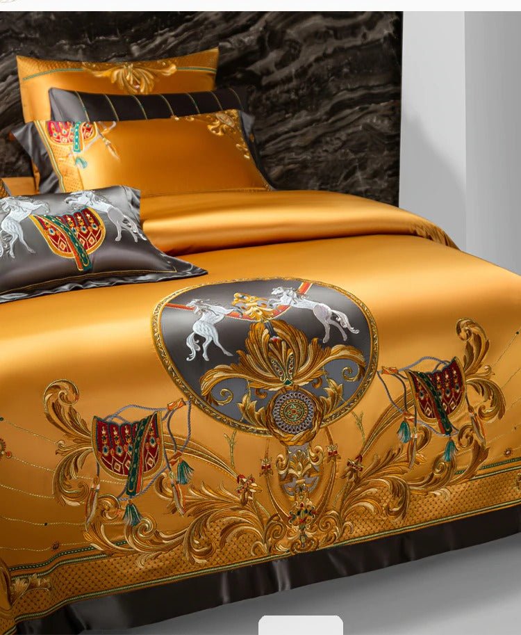 Nikki Gold Egyptian Cotton Embroidered Duvet Cover Set - RoseStraya.com