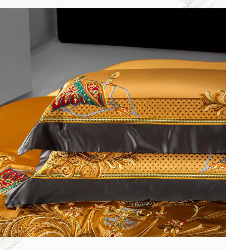 Nikki Gold Egyptian Cotton Embroidered Duvet Cover Set - RoseStraya.com