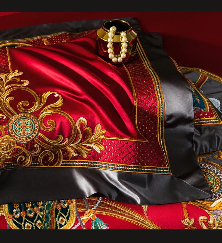 Nikki Red Egyptian Cotton Embroidered Duvet Cover Set - RoseStraya.com