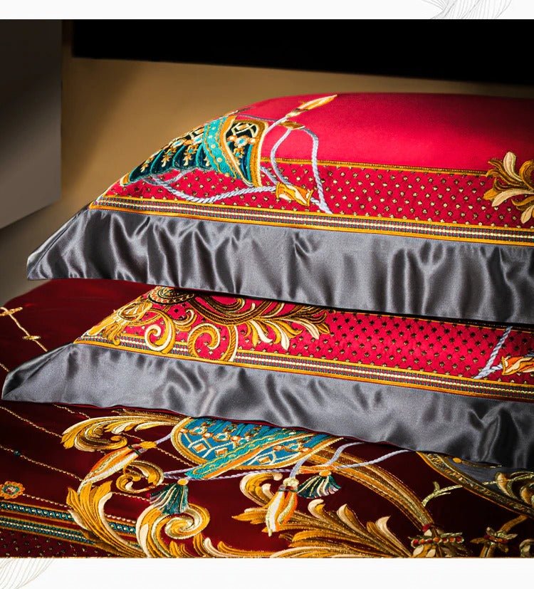 Nikki Red Egyptian Cotton Embroidered Duvet Cover Set - RoseStraya.com