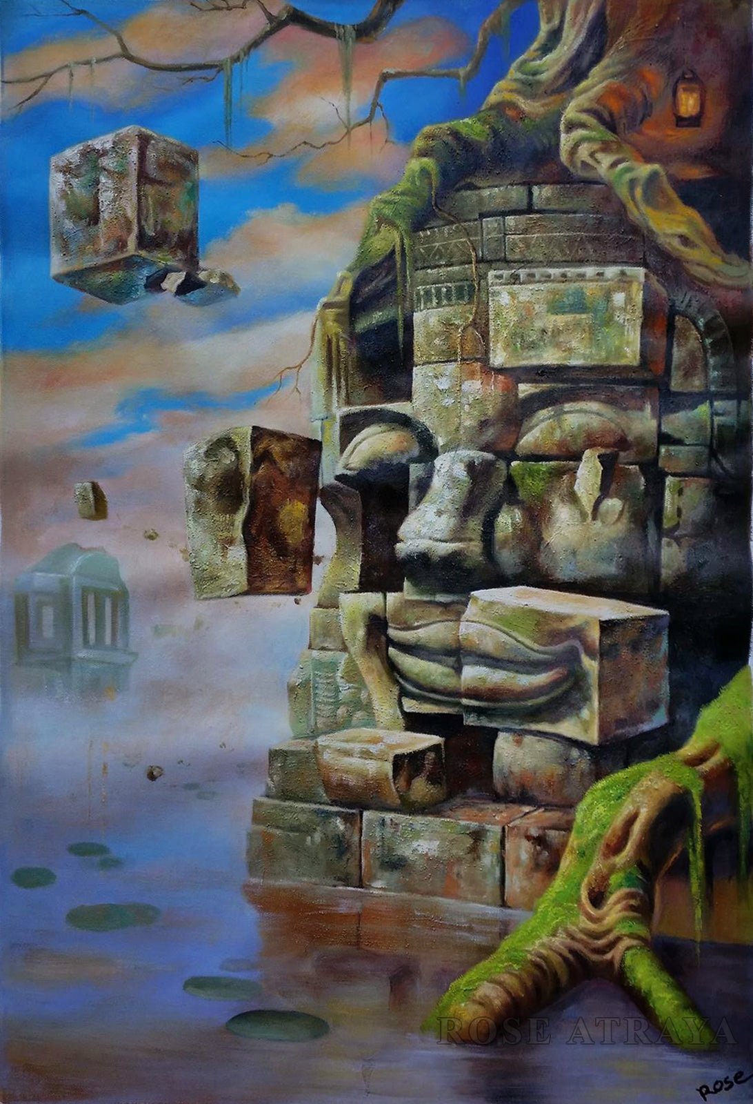 Original Buddha & The Universe Hand-Painted Oil Painting on Canvas Signed Unframed - RoseStraya.com