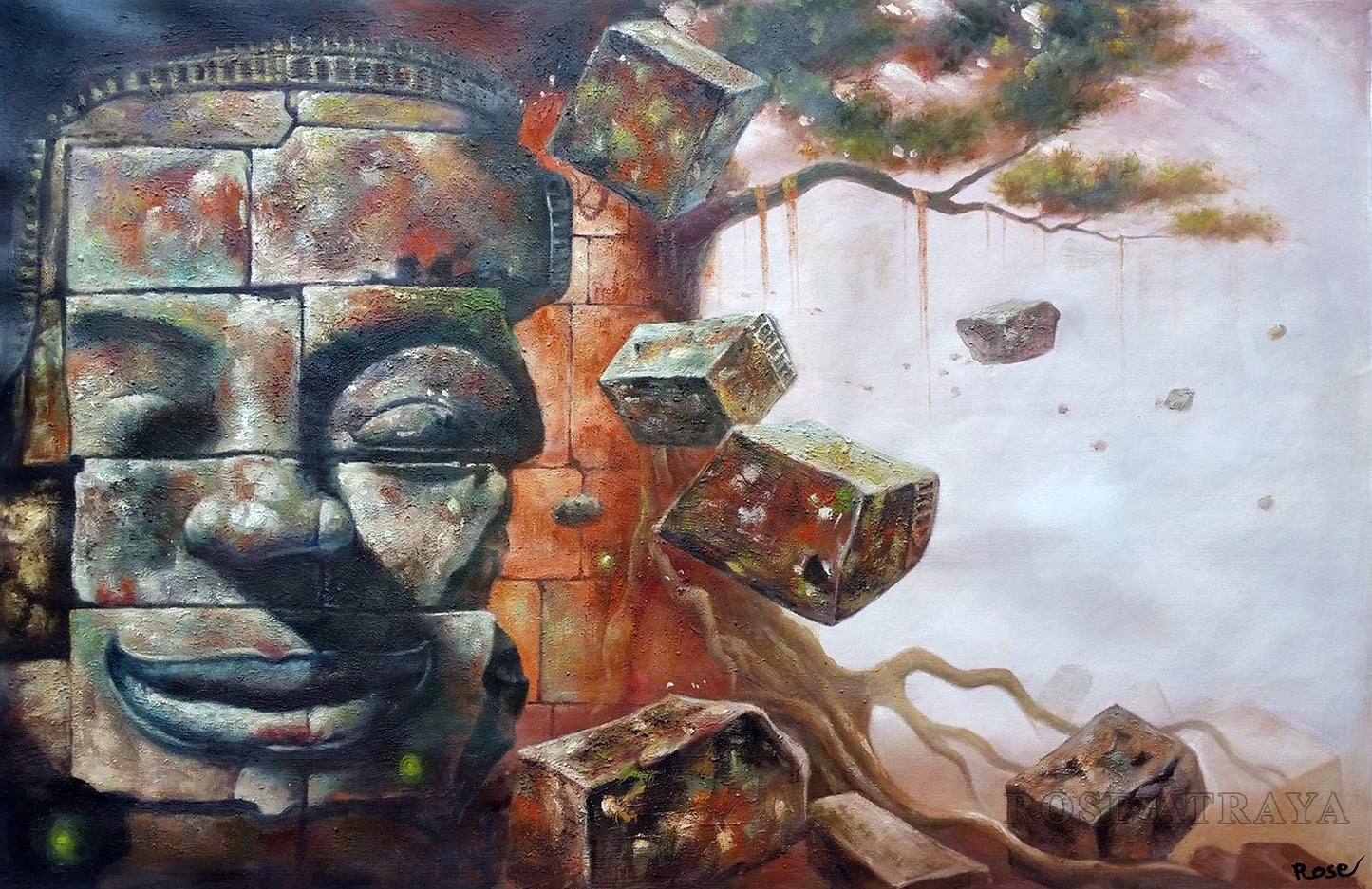 Original Buddha & The Universe II Hand-Painted Oil Painting on Canvas Signed Unframed - RoseStraya.com