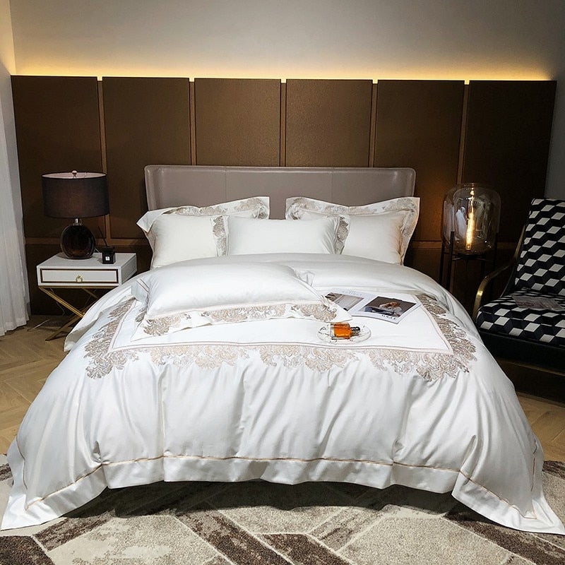 Ainia Gold Embroidered Panel Egyptian Cotton Duvet Cover Set