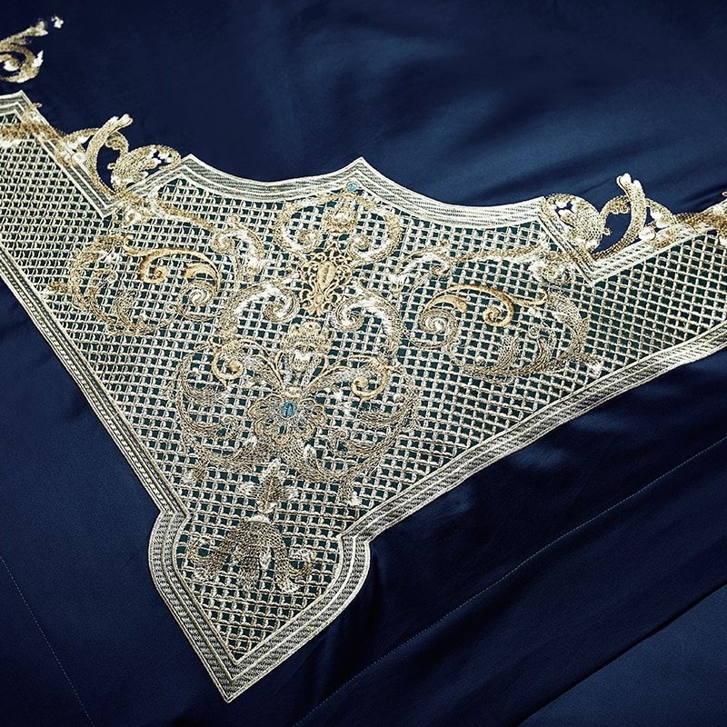 Reina Dark Blue Luxury Egyptian Cotton Embroidery Duvet Cover Set - RoseStraya.com