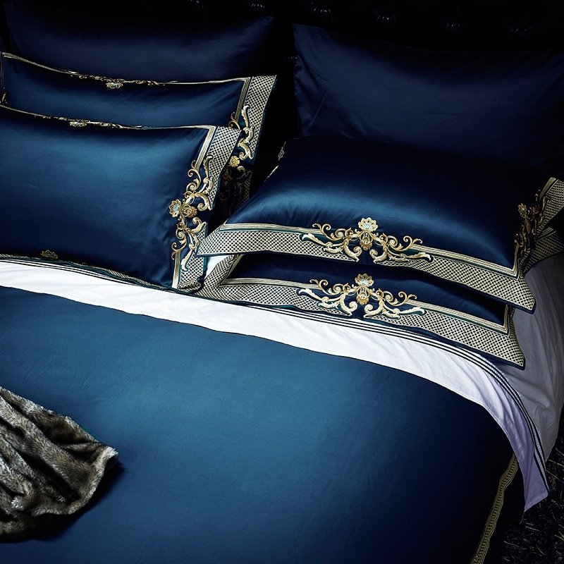 Reina Dark Blue Luxury Egyptian Cotton Embroidery Duvet Cover Set - RoseStraya.com