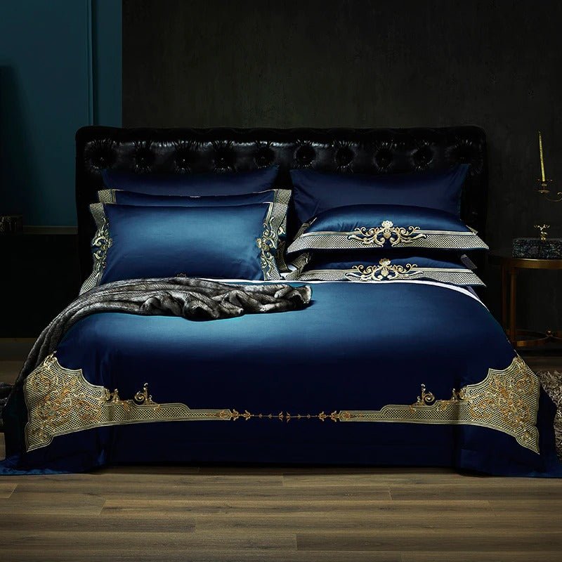 Reina Dark Blue Luxury Egyptian Cotton Embroidery Duvet Cover Set - RoseStraya.com