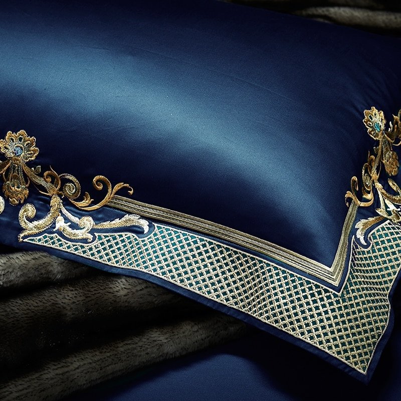 Reina Dark Blue Luxury Egyptian Cotton Embroidery Duvet Cover Set - RoseStraya.com