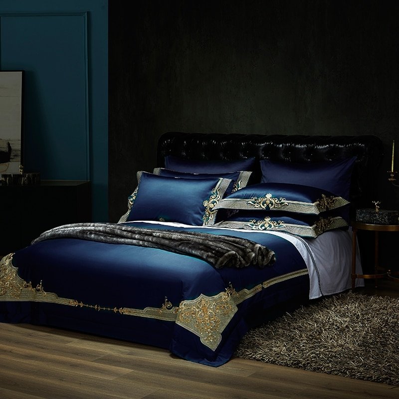 Reina Dark Blue Luxury Egyptian Cotton Embroidery Duvet Cover Set - RoseStraya.com